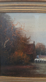 Olieverf van boer met schapen