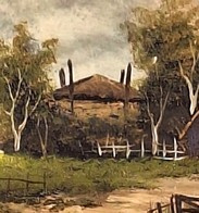 Olieverf op paneel van een boerderij