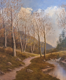 Herfstlandschap met bospad en beekje