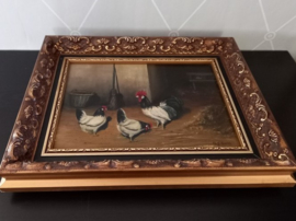 Olieverf boerderij tafereel met kippen