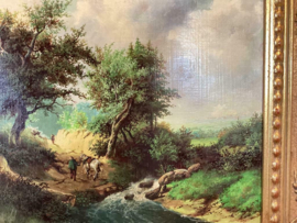 Olieverf bos met paard en figuren