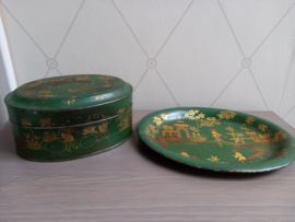 Metalen ovale koektrommel met chinoiserie decor