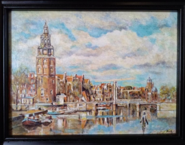 Olieverf stadsgezicht Amsterdam met Montelbaantoren