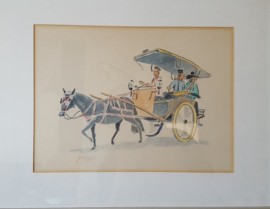 Aquarel oosterse paard en wagen