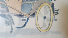 Aquarel oosterse paard en wagen