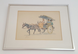 Aquarel oosterse paard en wagen