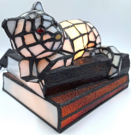 Tiffany stijl tafellamp 'Cat on Books'