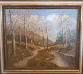 Herfstlandschap met bospad en beekje