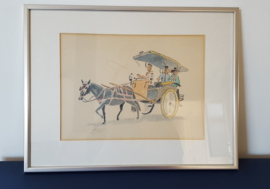 Aquarel oosterse paard en wagen