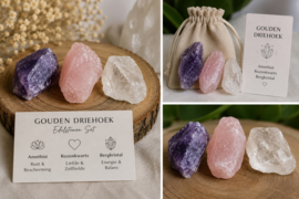 Edelstenen Set Gouden Driekhoek– Amethist, Bergkristal & Rozenkwarts