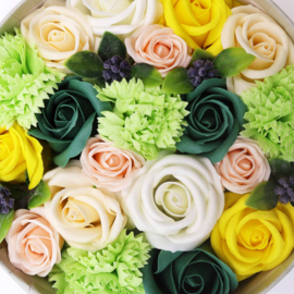 Zeepbloemen Geschenk Set - Ronde Doos - Lente Bloemen Geel & Groen
