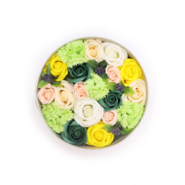 Zeepbloemen Geschenk Set - Ronde Doos - Lente Bloemen Geel & Groen