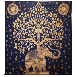 Tweepersoons Katoenen Sprei - Wandkleed - Olifant & Boom - Blauw & Goud
