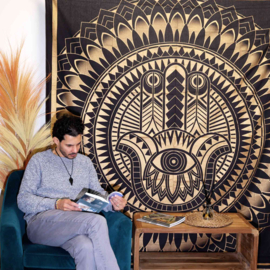Tweepersoon Katoenen Sprei - Wandkleed - Hamsa - Zwart & Goud