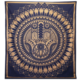 Tweepersoon Katoenen Sprei - Wandkleed - Hamsa - Blauw & Goud