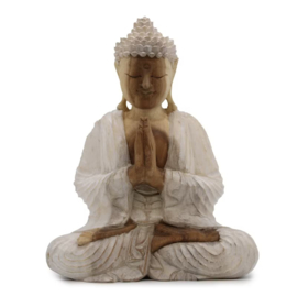 Handgesneden Boeddha Beeld - 30cm - Whitewash - Welkom