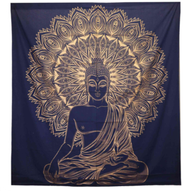 Tweepersoon Katoenen Sprei - Wandkleed - Boeddha - Blauw & Goud