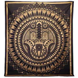 Tweepersoon Katoenen Sprei - Wandkleed - Hamsa - Zwart & Goud