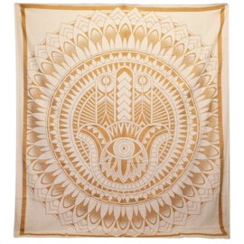 Tweepersoons Katoenen Sprei - Wandkleed - Hamsa - Wit & Goud