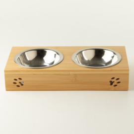 Dubbele Voerbak Hond op Houten Standaard – 2x12 cm