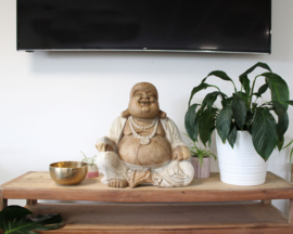 Handgesneden Boeddha Beeld - 50cm - Whitewash - Gelukkige Boeddha