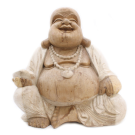 Handgesneden Boeddha Beeld - 50cm - Whitewash - Gelukkige Boeddha