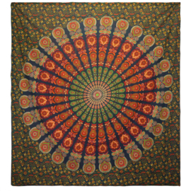 Tweepersoons Katoenen Sprei - Wandkleed - Pauwen Mandala - Groen & Oranje
