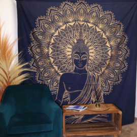 Tweepersoon Katoenen Sprei - Wandkleed - Boeddha - Blauw & Goud