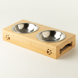 Dubbele Voerbak Hond op Houten Standaard – 2x12 cm