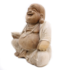 Handgesneden Boeddha Beeld - 50cm - Whitewash - Gelukkige Boeddha