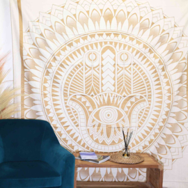 Tweepersoons Katoenen Sprei - Wandkleed - Hamsa - Wit & Goud