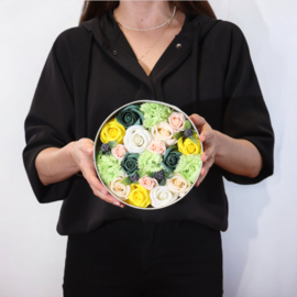 Zeepbloemen Geschenk Set - Ronde Doos - Lente Bloemen Geel & Groen