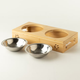 Dubbele Voerbak Hond op Houten Standaard – 2x12 cm
