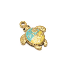Bedel zeeschildpad stainless steel turquoise  - geel - goud  2 stuks