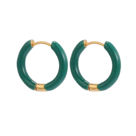 Oorbellen / oorringen stainless steel Goud - Donkergroen 14mm