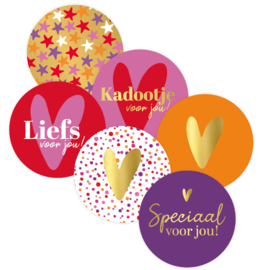 Stickerset: Rond met hart div. kleuren (6 varianten)