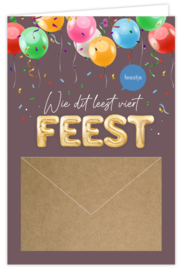 Wenskaart met envelopje: Wie dit leest viert feest