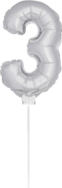 Folieballon cijfer mini: 3 zilver