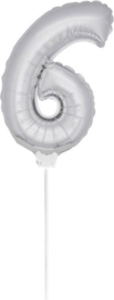 Folieballon cijfer mini: 6 zilver.