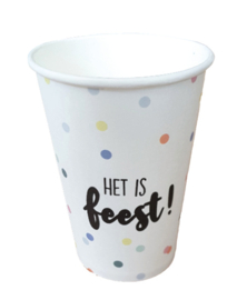 Kartonnen beker met tekst: Het is feest.