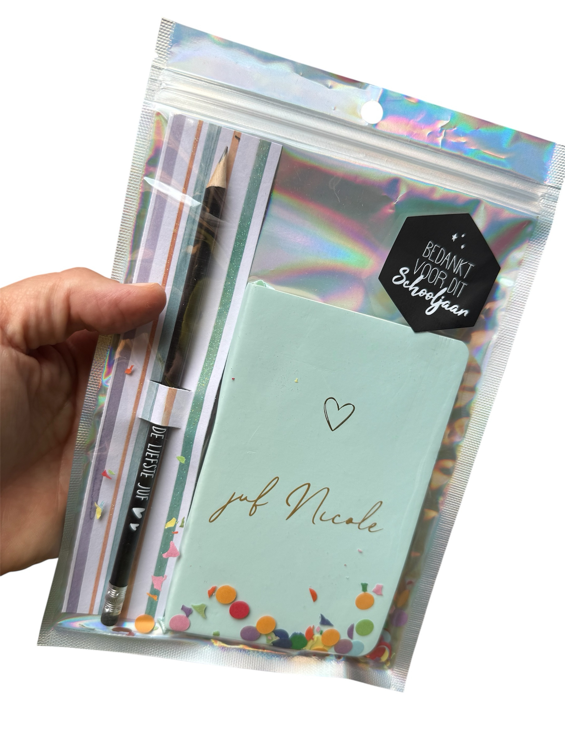 Notitieboekje juf + potlood in cadeauverpakking