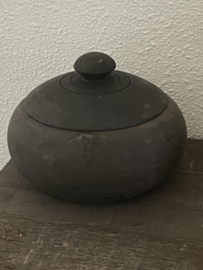 Houten pot rond met deksel  M grijs/zwart