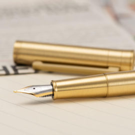 •	Hongdian # 1861 Fountain Pen, Long Blade Nib, Raw Brass Design with Converter and Metal Pen Case Set