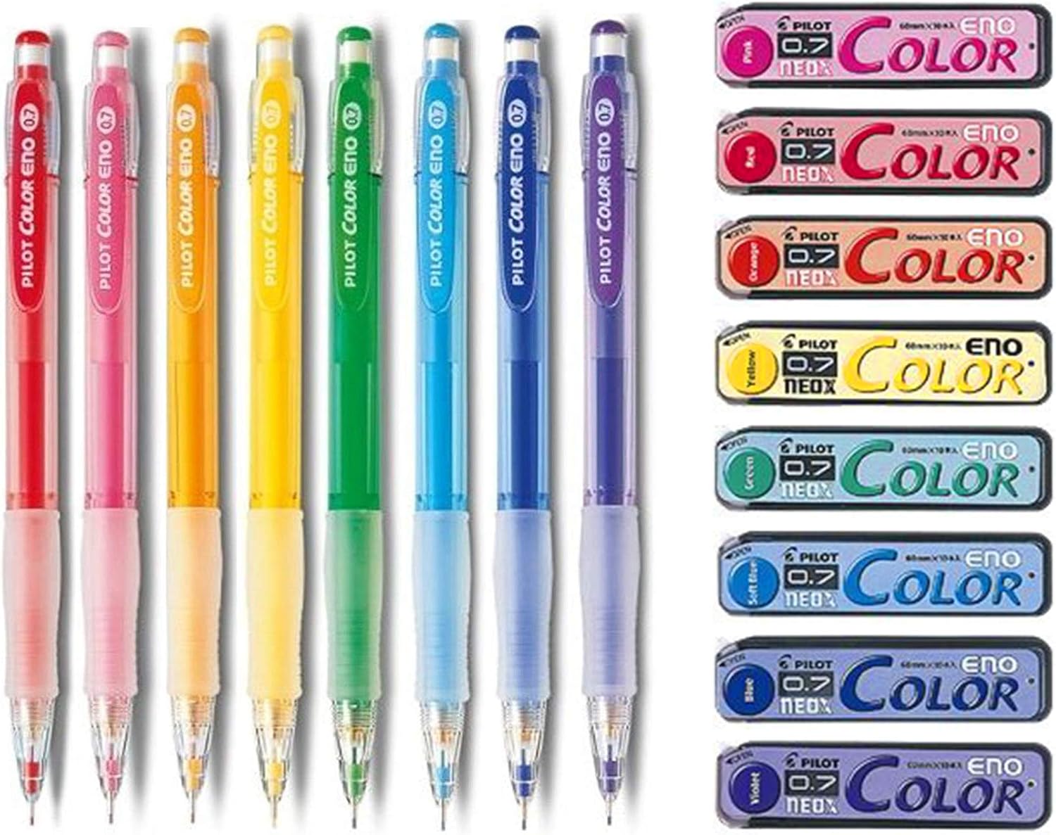 Pilot Color Eno 0.7mm Mechanisch Potloden 8 Kleuren Set + 0.7mm Navullingen 8 Kleuren Set met  10 Vullingen
