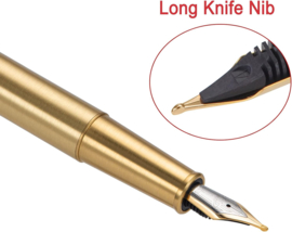 •	Hongdian # 1861 Fountain Pen, Long Blade Nib, Raw Brass Design with Converter and Metal Pen Case Set