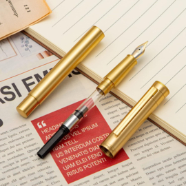 •	Hongdian # 1861 Fountain Pen, Fude Nib, Raw Brass Design with Converter and Metal Pen Case Set