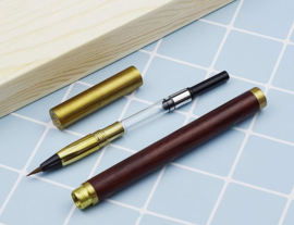 HongDian #  1808 Calligraphy Brush Pen, Red Sandalwood, Brass Cap  + Converter in Luxury Gift Box