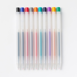 Muji  Intrekbare Gelpennen 0.5mm Set met 10 Kleuren: Zwart, Blauw-Zwart, Blauw, Rood, Oranje,  Groen, Paars, Roze, Lime en Licht Blauw