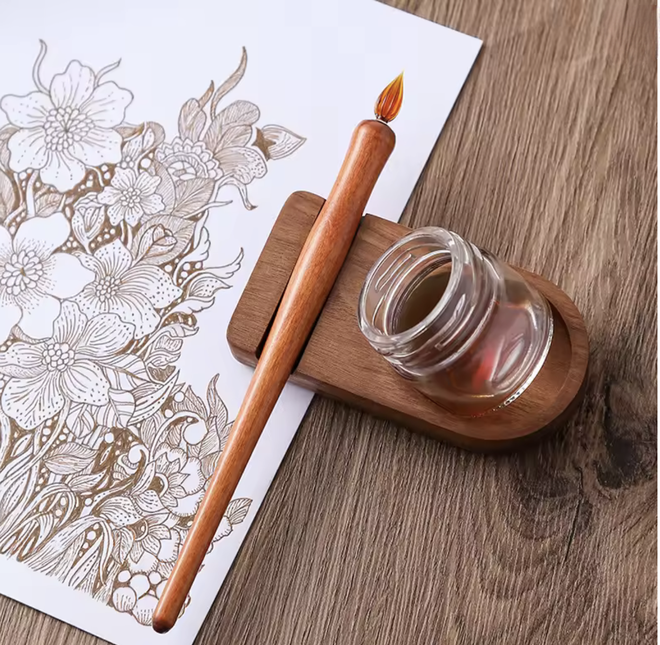 Kalligrafie Walnoot Inktpothouder, Inkpotje + Nibpenhouder en Nib van Glas