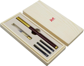 HongDian #  1808 Calligraphy Brush Pen, Red Sandalwood, Brass Cap  + Converter in Luxury Gift Box